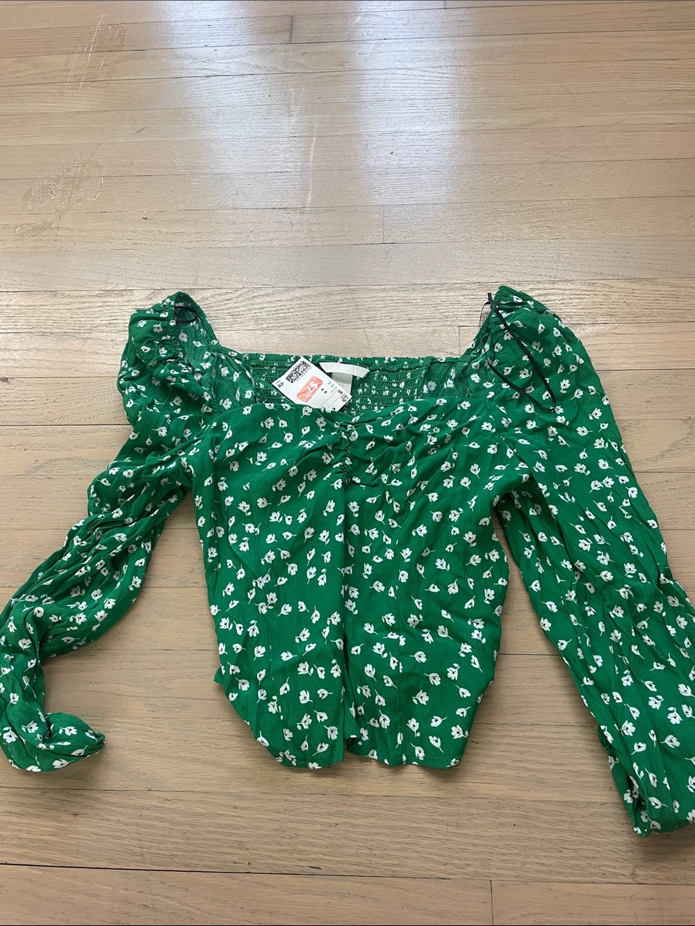 H&M Green Floral Square-Neck Puff Sleeve Blouse